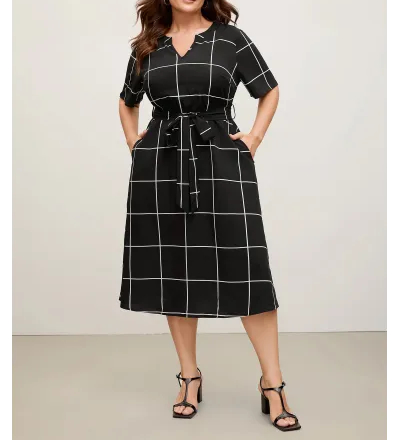 Checkered Print Belted Pockets Midi Dress