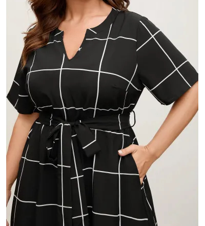 Checkered Print Belted Pockets Midi Dress