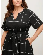Checkered Print Belted Pockets Midi Dress