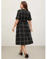 Checkered Print Belted Pockets Midi Dress