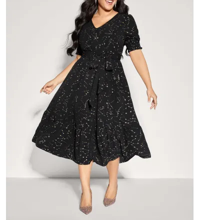 Shimmery Star Print Stretchy-Waist Midi Dress