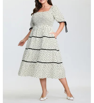Little Heart Print Shirred Contrast Tie Midi Dress