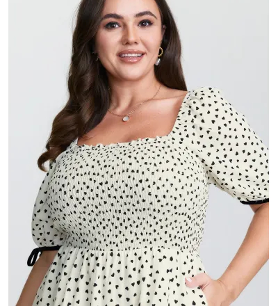 Little Heart Print Shirred Contrast Tie Midi Dress