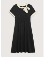 Bow Neckline Stretchy Waist Midi Dress