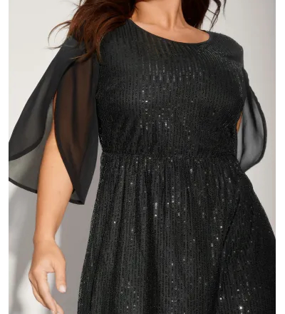 Sequin Mesh Patchwork Petal Sleeve Dress