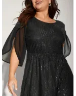 Sequin Mesh Patchwork Petal Sleeve Dress