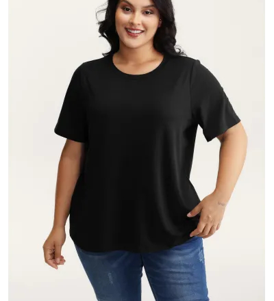 Stretchy Round Neck Solid T-Shirt