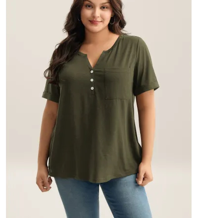 Solid Split Neck Button Detail T-Shirt