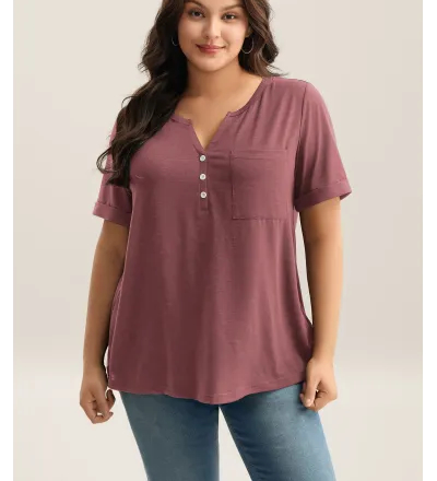 Solid Split Neck Button Detail T-Shirt