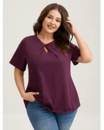 Knotted Cut-Out Neckline Solid T-Shirt