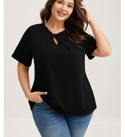 Knotted Cut-Out Neckline Solid T-Shirt