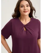 Knotted Cut-Out Neckline Solid T-Shirt