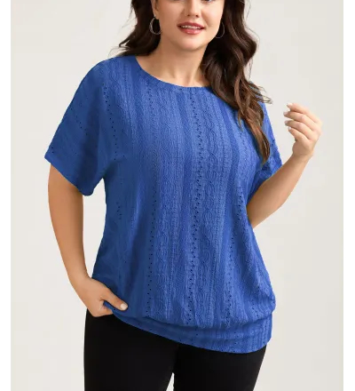 Eyelet Trim Stretchy Textured Plain Top