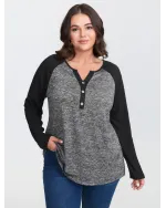 Heather Patchwork Button Detail Stretchy T-Shirt