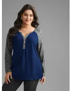 Heather Patchwork Button Detail Stretchy T-Shirt