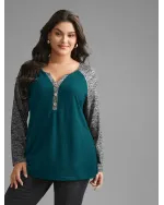 Heather Patchwork Button Detail Stretchy T-Shirt