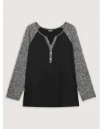 Heather Patchwork Button Detail Stretchy T-Shirt