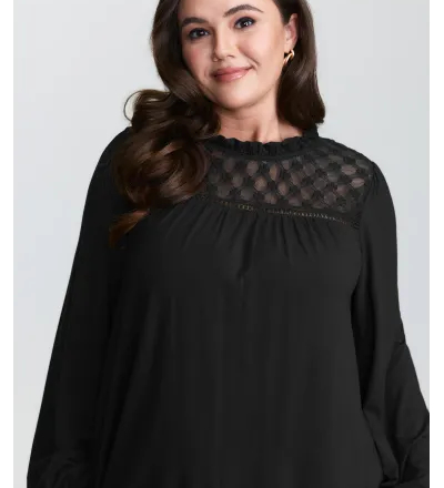 Checkered Mesh Ruffled Neckline Knit Top