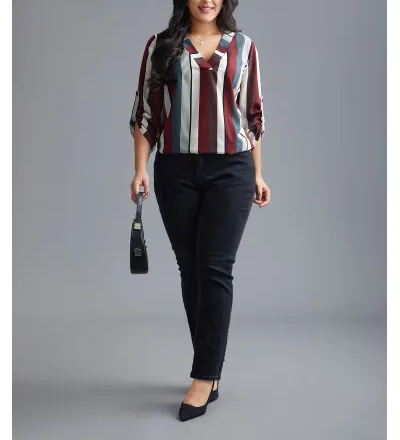 Vertical Striped V-Neck Tab Sleeve Blouse