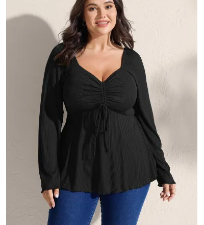 Ribbed Adjustable Drawstring Bodice Flared T-Shirt