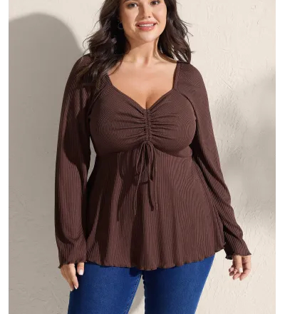 Ribbed Adjustable Drawstring Bodice Flared T-Shirt