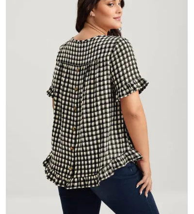 Gingham Print Button Back Blouse