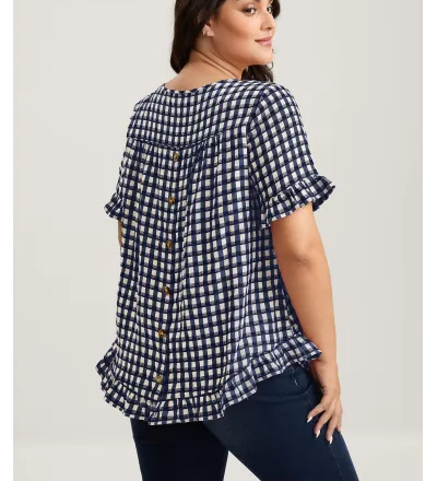 Gingham Print Button Back Blouse