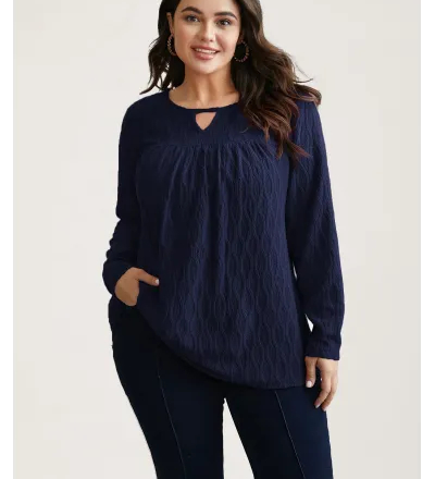 Textured Keyhole Gathered Knit Top