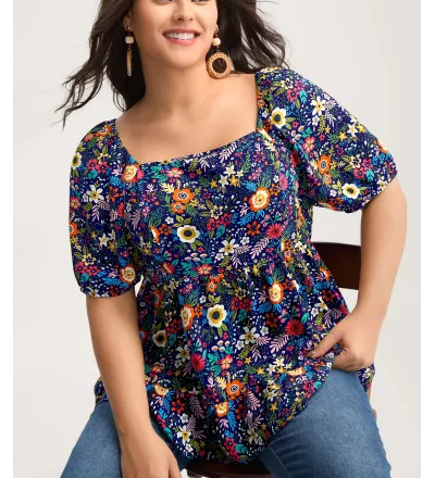 Floral Square Neck Fit and Flare Blouse