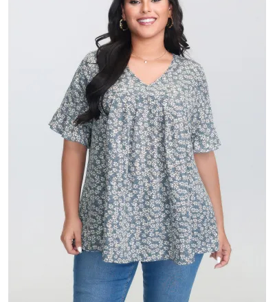 Ditsy Floral Pleated Flared Sleeve Shirt