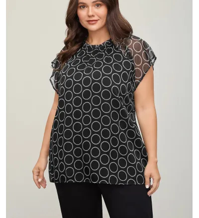 Polka Dot Mock Neck Mesh Patchwork Blouse