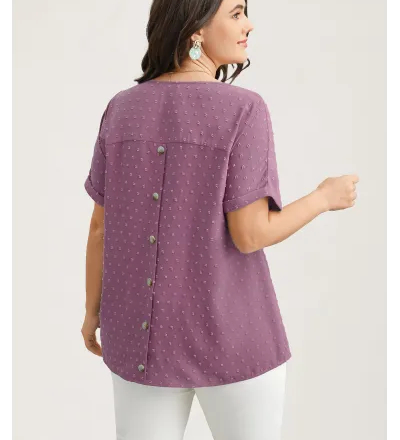 Back-Button Textured V-Neck Shirt