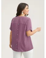 Back-Button Textured V-Neck Shirt