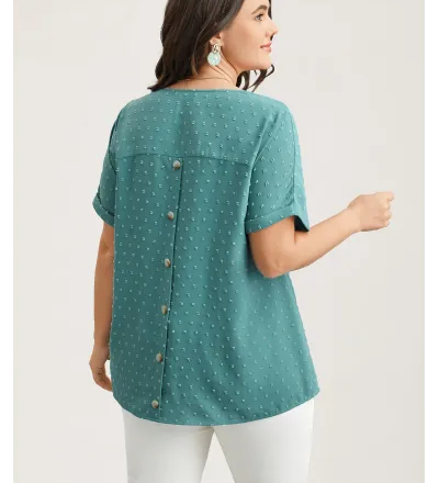 Back-Button Textured V-Neck Shirt