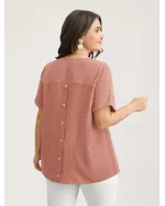 Back-Button Textured V-Neck Shirt