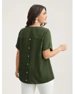 Back-Button Textured V-Neck Shirt