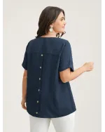 Back-Button Textured V-Neck Shirt