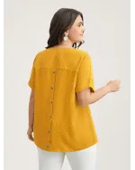 Back-Button Textured V-Neck Shirt