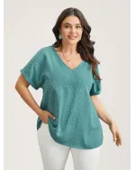 Back-Button Textured V-Neck Shirt