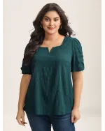 Textured Gathered Sleeve Split Neck Blouse