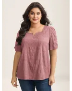 Textured Gathered Sleeve Split Neck Blouse