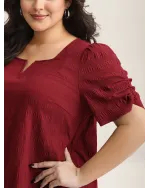 Textured Gathered Sleeve Split Neck Blouse