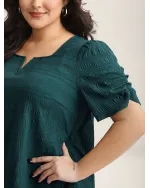 Textured Gathered Sleeve Split Neck Blouse