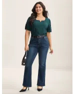 Textured Gathered Sleeve Split Neck Blouse