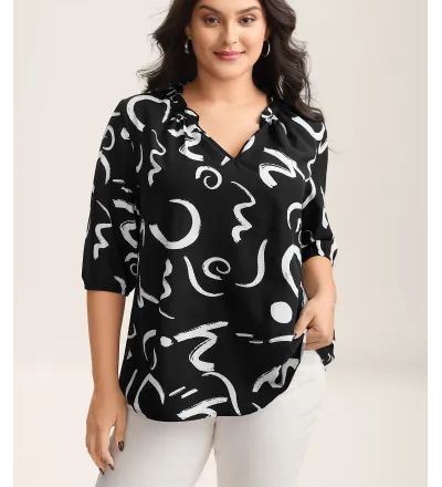 Scribble Print Ruffled Split Neck Blouse