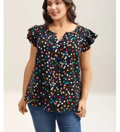 Polka Dot Flutter Sleeve Blouse