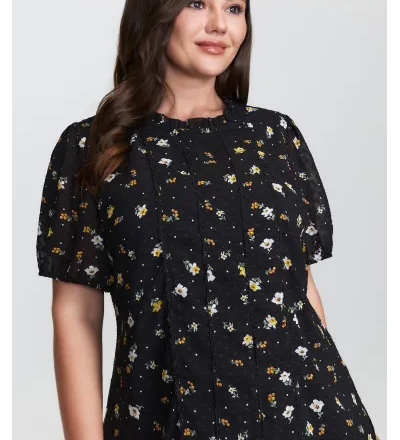 Chiffon Lace Trim Mock Neck Blouse