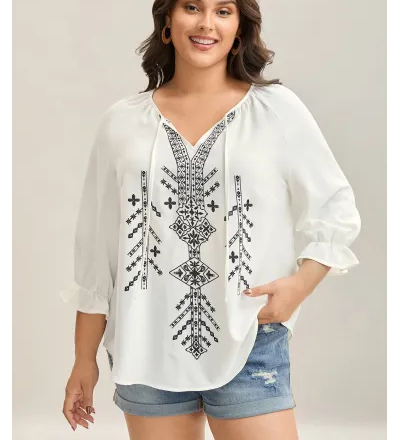 Boho Print Neck Tassels Shirt