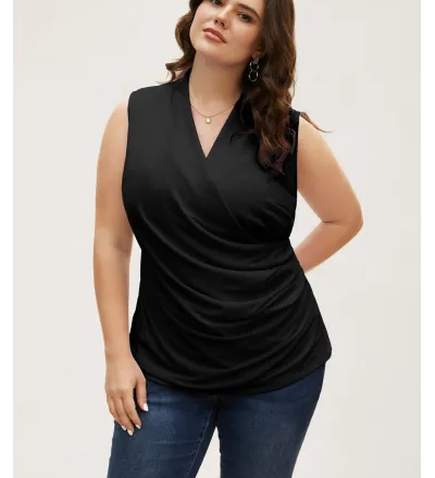 Overlap Collar Solid Pleated Tank Top