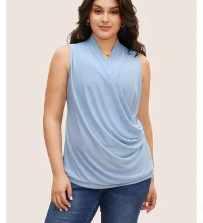 Overlap Collar Solid Pleated Tank Top